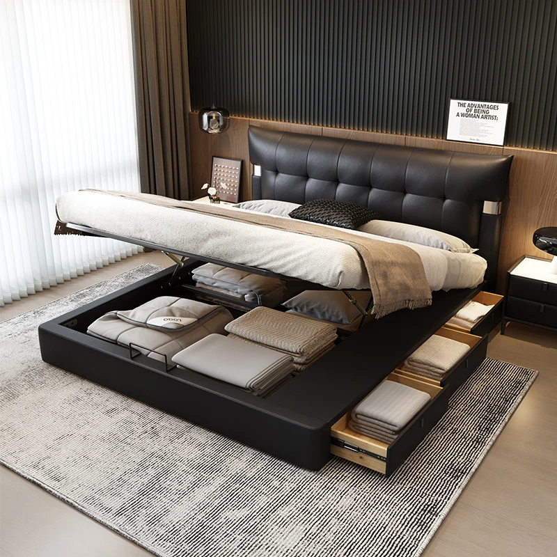 香奈尔华夫格高箱简储物真皮床意式极现代轻奢床现代简约双人床