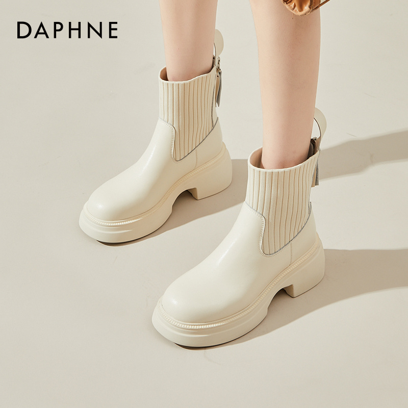 达芙妮粗跟厚底英伦风瘦瘦靴春秋时尚百搭秋冬靴子圆头秋季靴子