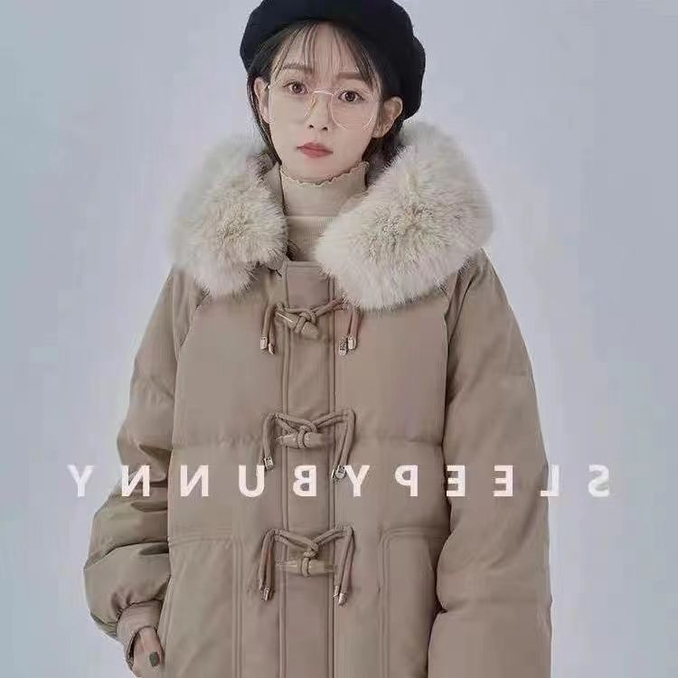 白鸭绒牛角扣大毛领羽绒服2023冬中长款连帽宽松显瘦女学生外套潮
