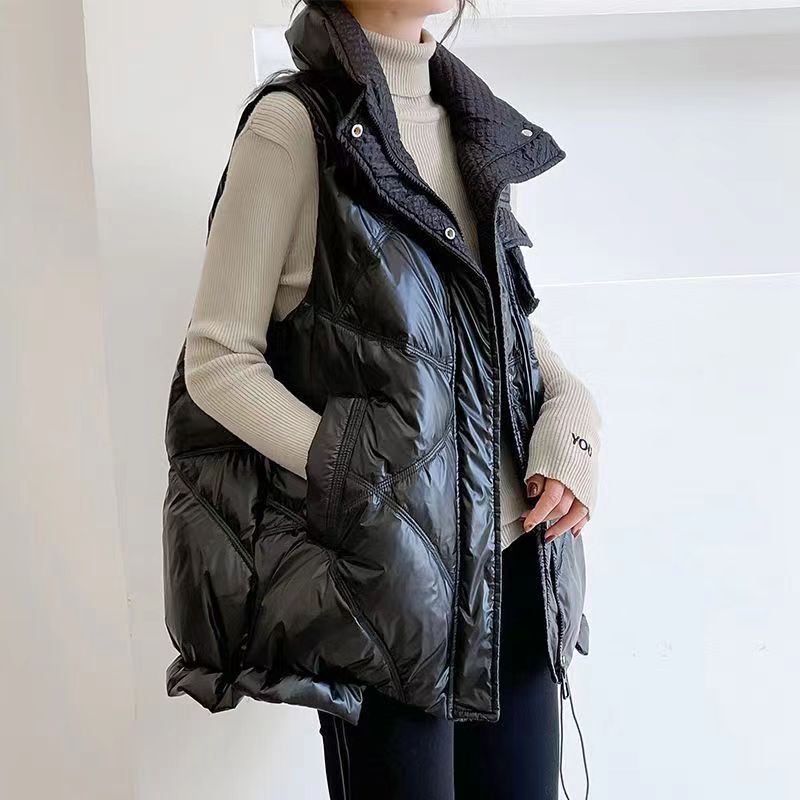 白鸭绒羽绒马甲女黑色韩版宽松百搭白色羽绒服2023新款立领女背心
