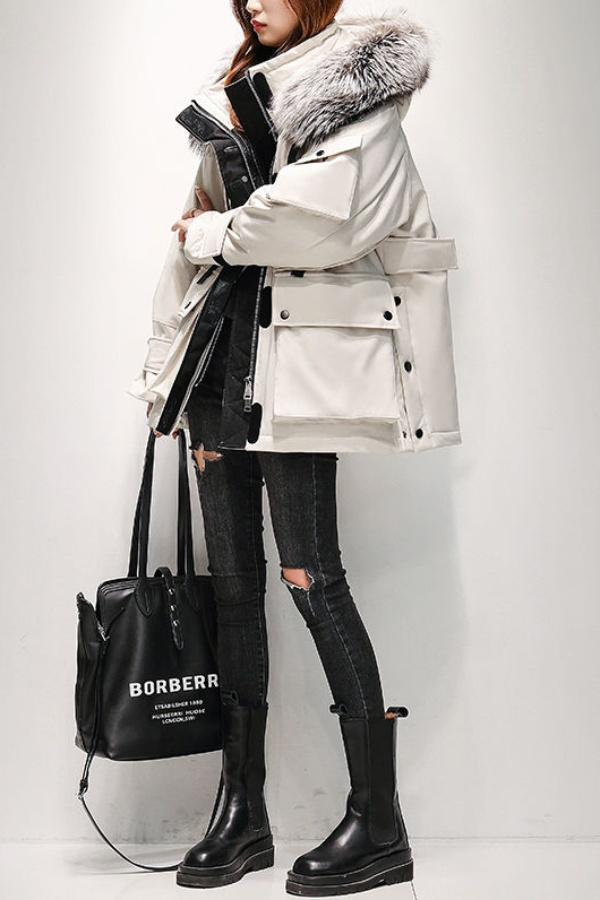 派克羽绒服女中长款高领2023年新款冬真大毛领白鸭绒廓形工装外套