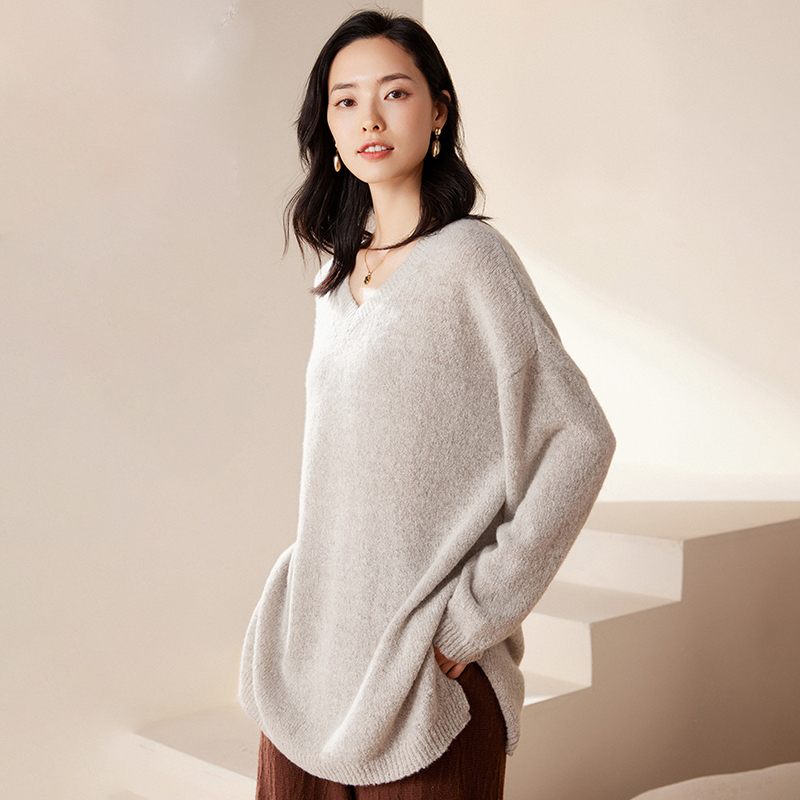5针女士V领羊绒衫100分纯山羊绒纯色简约宽松韩版秋冬新款