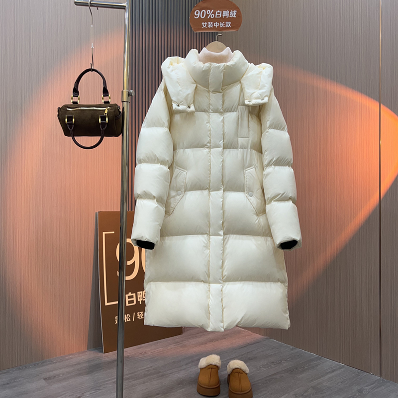 【现货90鸭绒】2025新款羽绒服女冬季韩版连帽宽松过膝时尚加厚外套