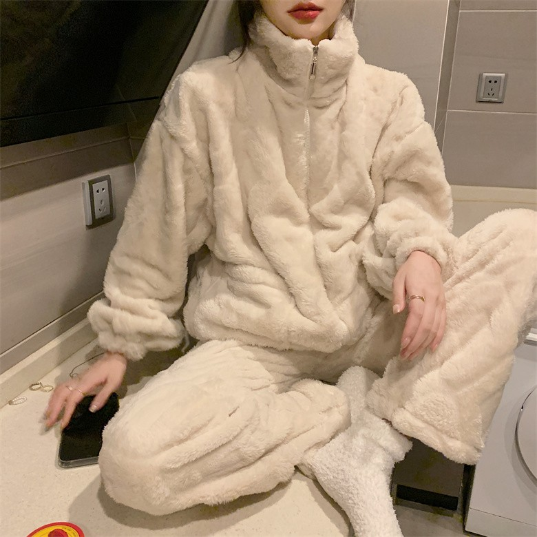 珊瑚绒睡衣女秋冬季简约加厚加绒法兰绒纯色拉链可外穿家居服套装