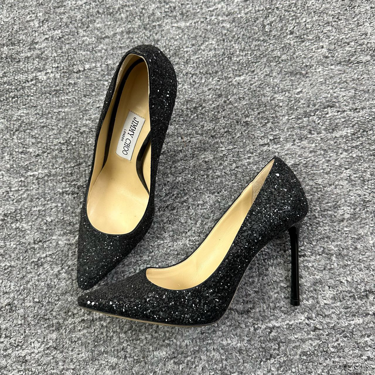 Jimmy Choo/周仰杰/37.5码/黑色亮片尖头高跟鞋/97新/编码00047