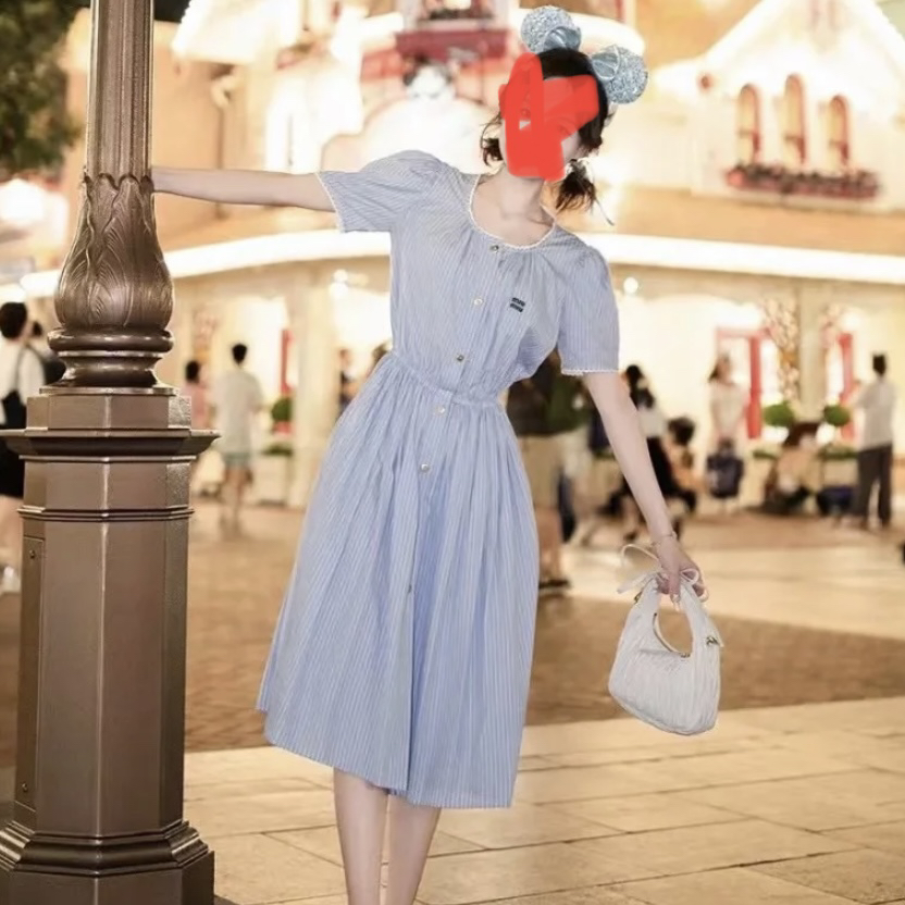 Miumiu/缪缪/36码/蓝色条纹字母刺绣连衣裙/97新/女款/编码05145