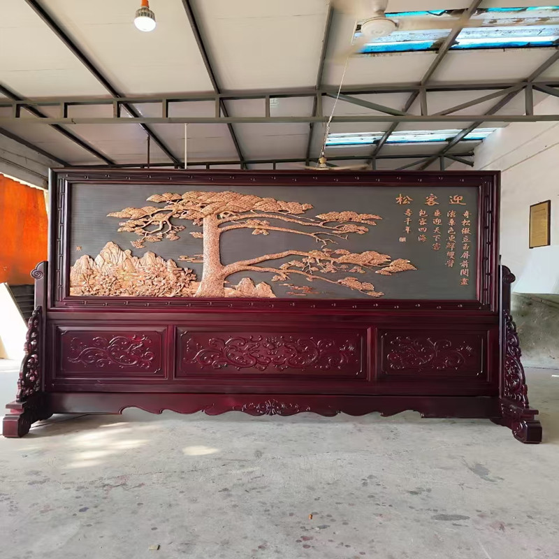 【工厂直销现货】高档大型紫铜浮雕红实木落地屏风办公大厅装饰画