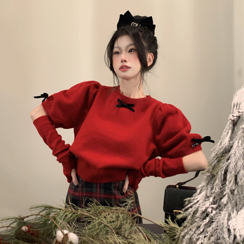 红色短款毛衣女秋冬内搭针织打底衫圣诞穿搭过年短袖袖套高腰上衣