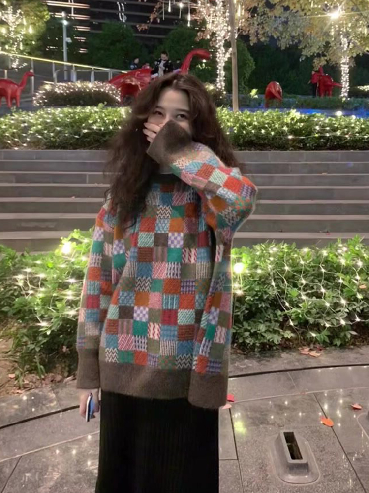 慵懒软糯毛衣女秋冬新款毛线衣复古森系撞色格子针织衫上衣