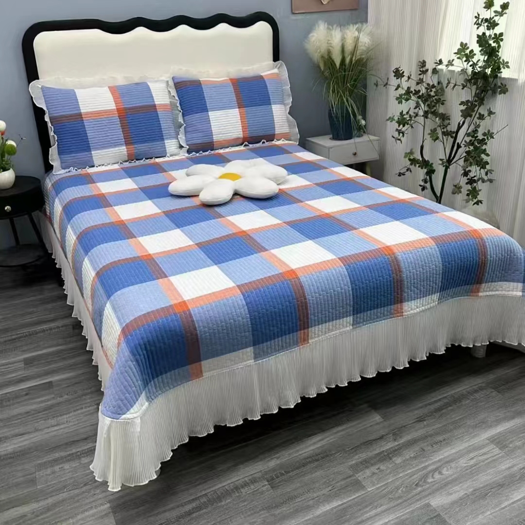 纯棉色织水洗棉床盖套件可选 防滑 格子