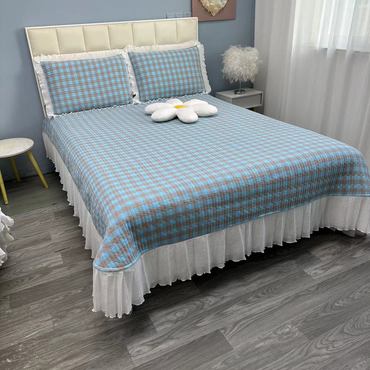 纯棉花边水洗棉床盖绗缝水晶绒双面榻榻米加大套件可选防滑格子