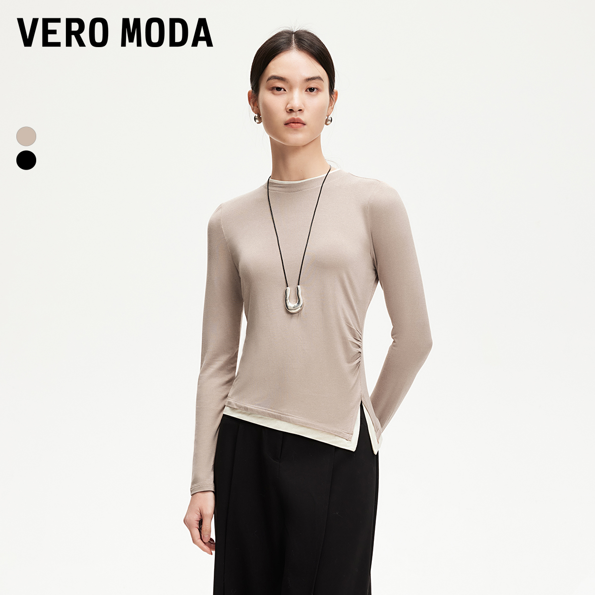 【茉茉专属】Vero ModaT恤假两件抽褶长袖上衣325102009