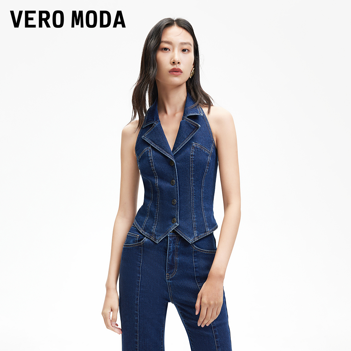 Vero Moda马甲女2025早春新款挂脖明线牛仔无袖翻领马甲325156001