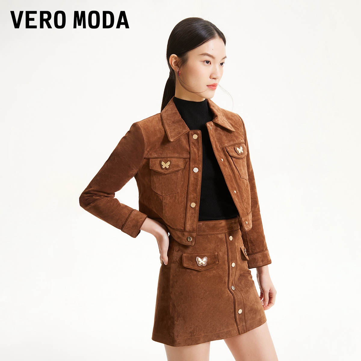 Vero Moda雅丹风2024设计感皮衣直筒短款翻领个性街头324110022