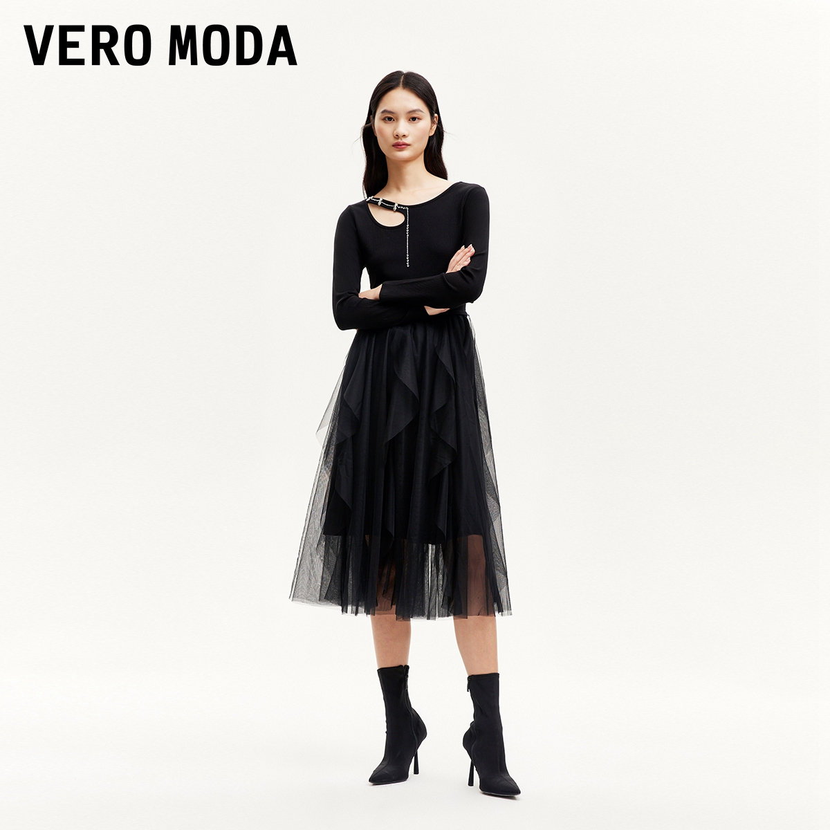 【达人推荐】Vero Moda连衣裙女【蝴蝶兰】长袖网纱小黑裙324361018