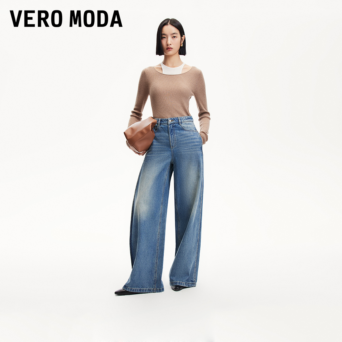 【陈大可专属】Vero Moda牛仔裤高腰磨白做旧阔腿牛仔裤325132008