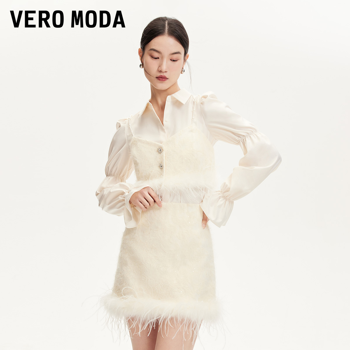 【达人推荐】Vero Moda衬衫风泡泡袖真两件毛边上衣324405011