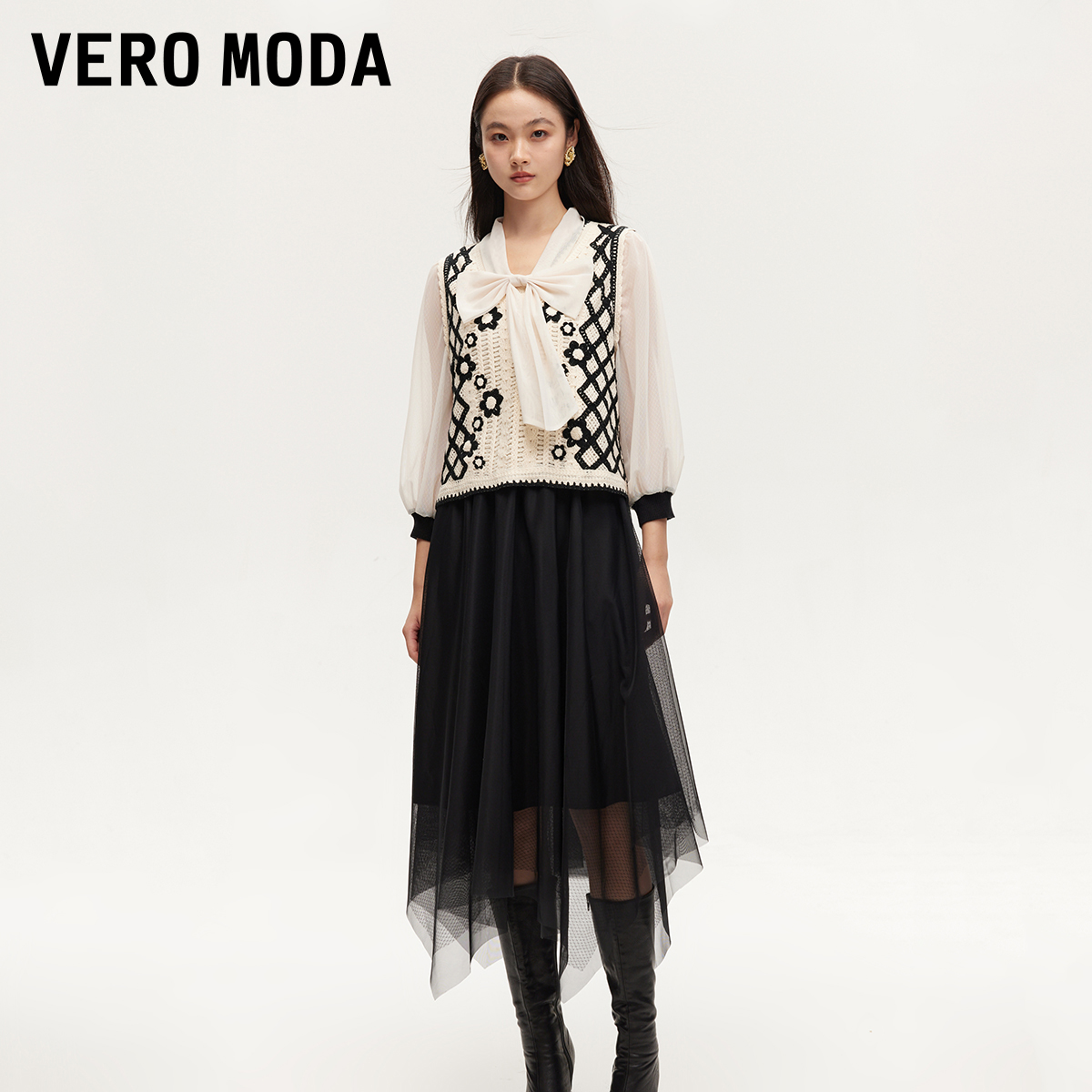 【羊羊专属】Vero Moda连衣裙真两件网纱袖钩花吊带裙32437C026