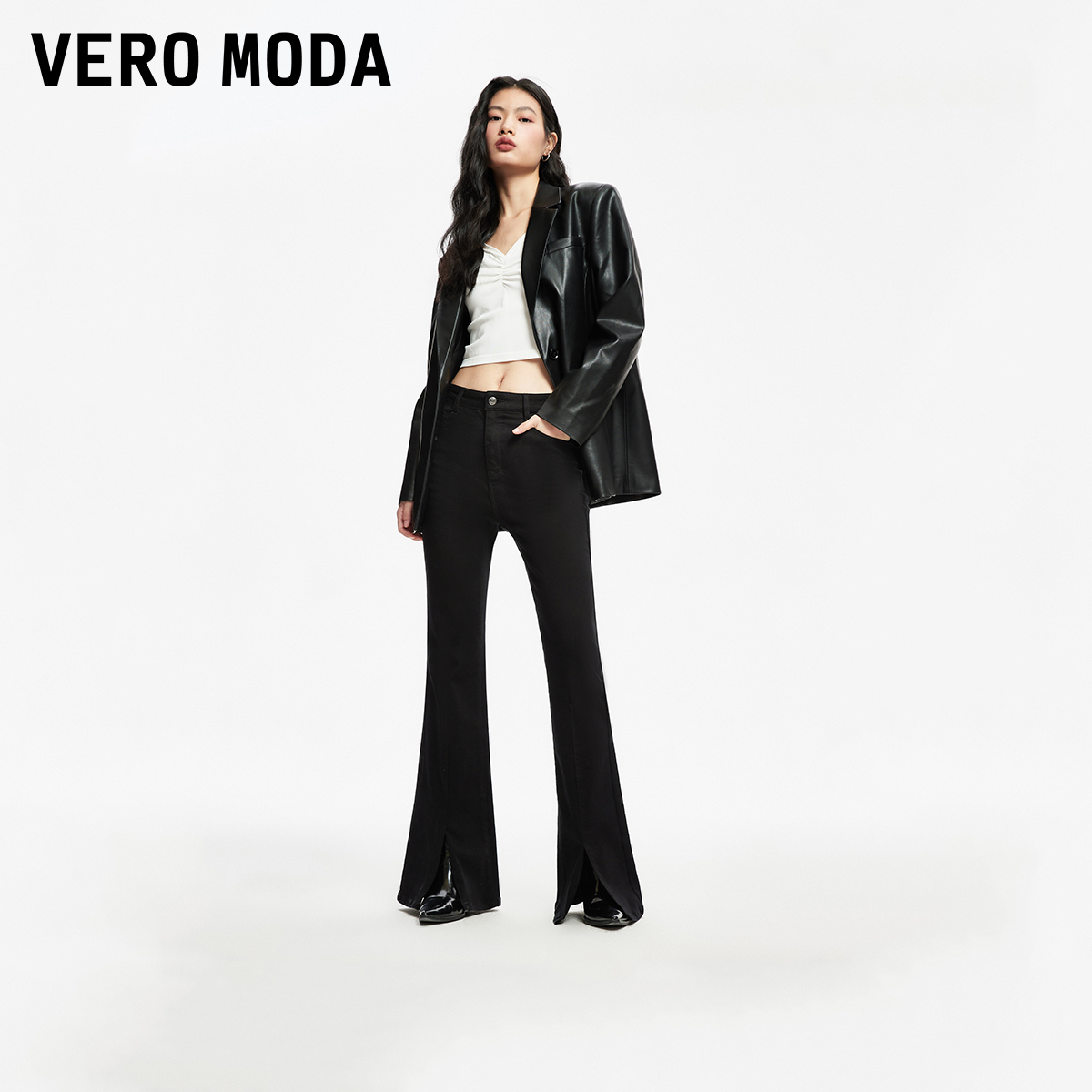 【芋总专属】Vero Moda牛仔裤时尚铆钉开叉喇叭裤324332012
