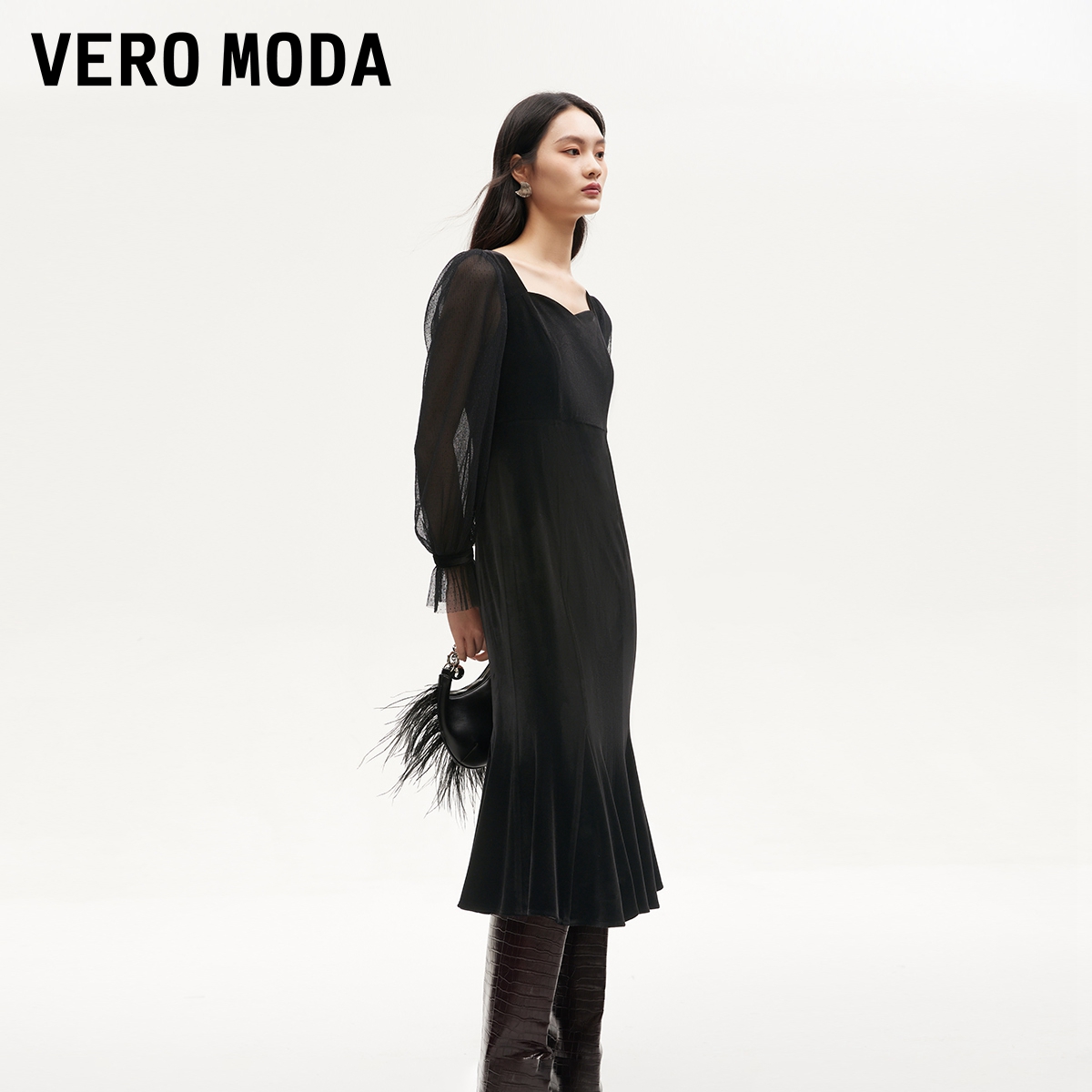 【芋总专属】Vero Moda连衣裙天鹅绒拼接网纱鱼尾长裙32437D002