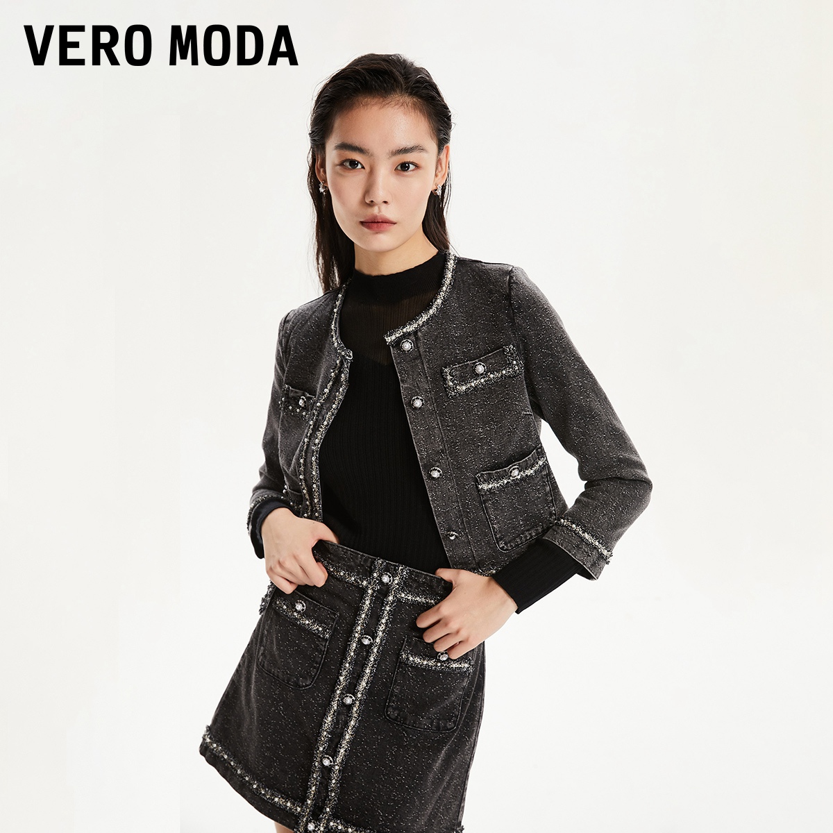 【VEROMODA】牛仔外套七分袖短款气质小香风323357008