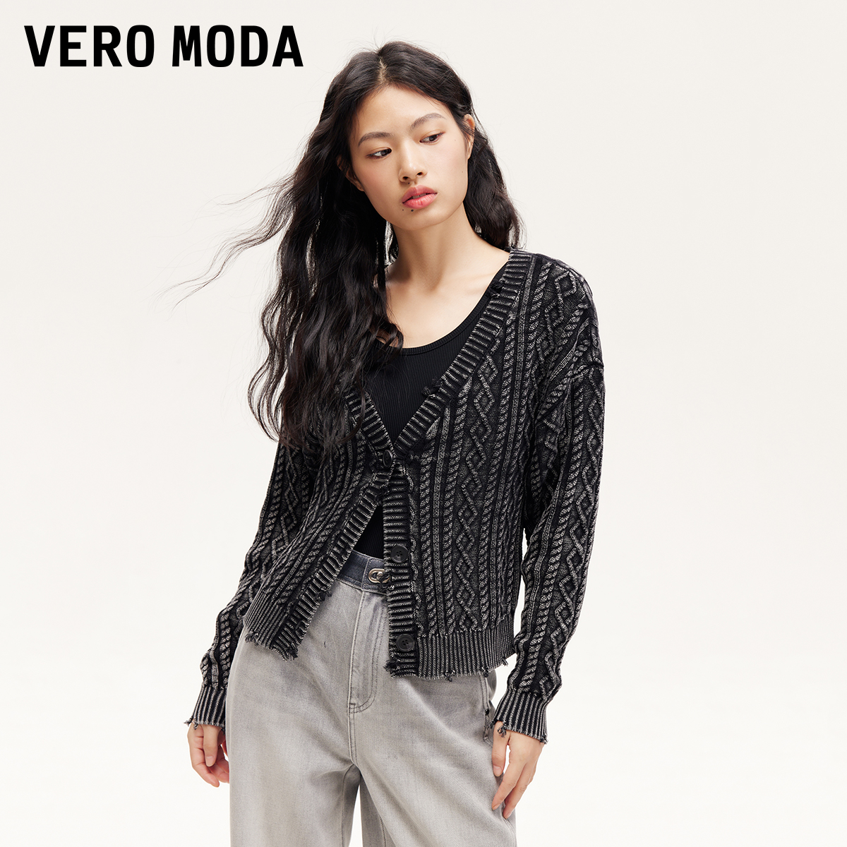 【茉茉专属】Vero Moda针织衫绞花磨破做旧水洗开衫设计感324324059