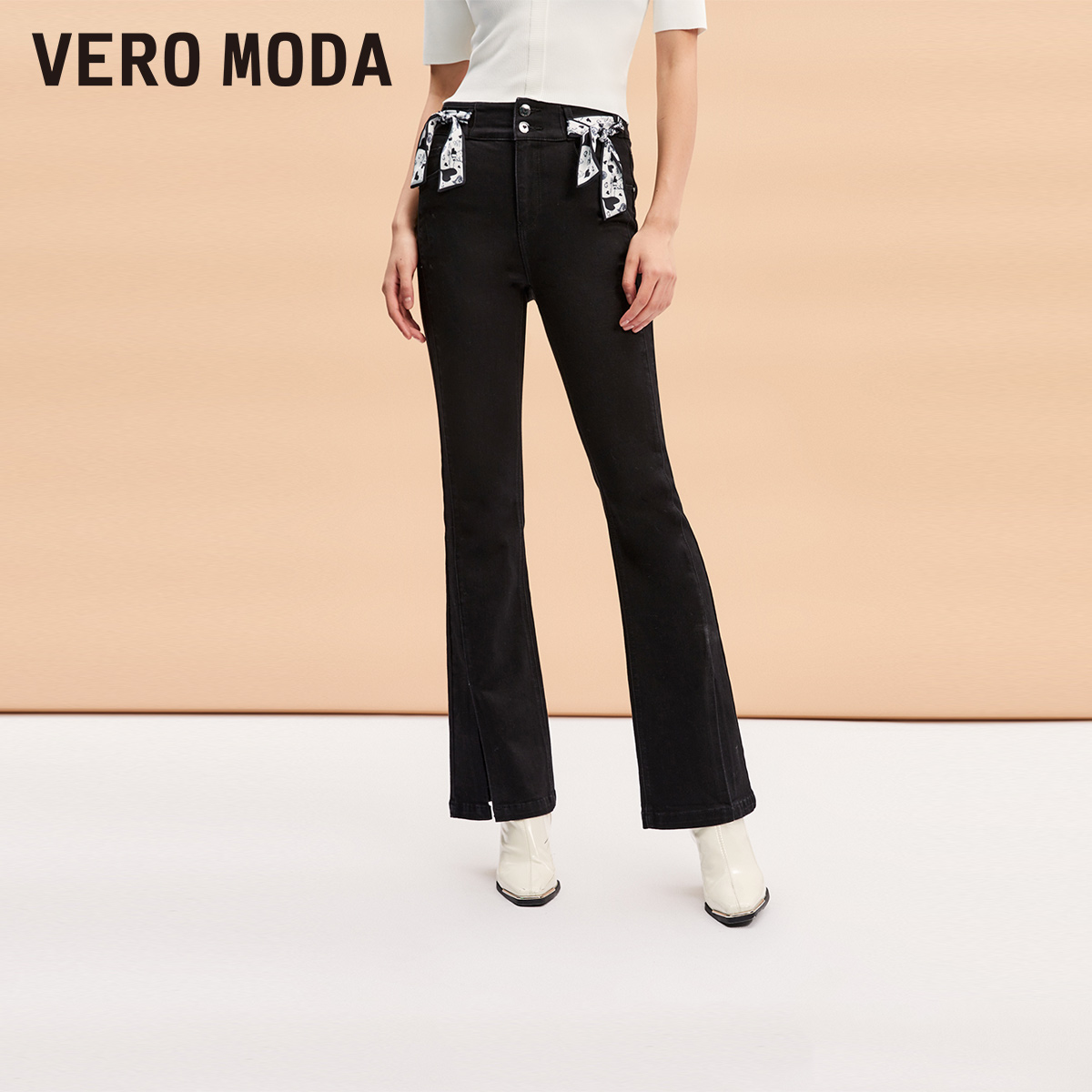 Vero Moda2025新款牛仔裤女黑色丝带开叉微喇裤流光风324132027