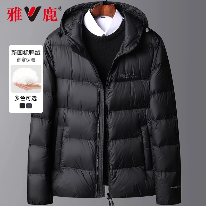 V/雅鹿哑光羽绒服男短款连帽面包服休闲时尚白鸭绒加厚保暖外套