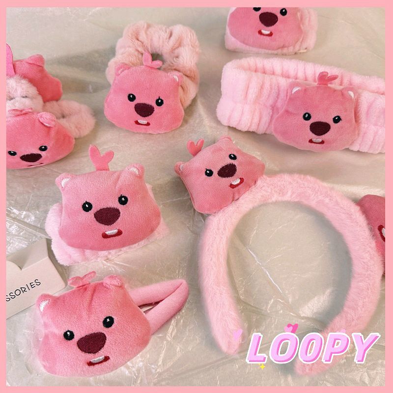 D粉色毛绒发箍Loopy发圈发绳小海狸发夹洗脸套装发带手腕带抓夹女