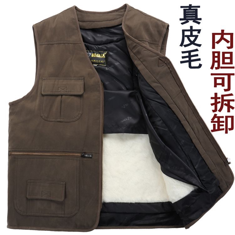 中老年羊毛马甲男士大码户外休闲坎肩爸爸装羊羔毛多兜马夹秋冬款
