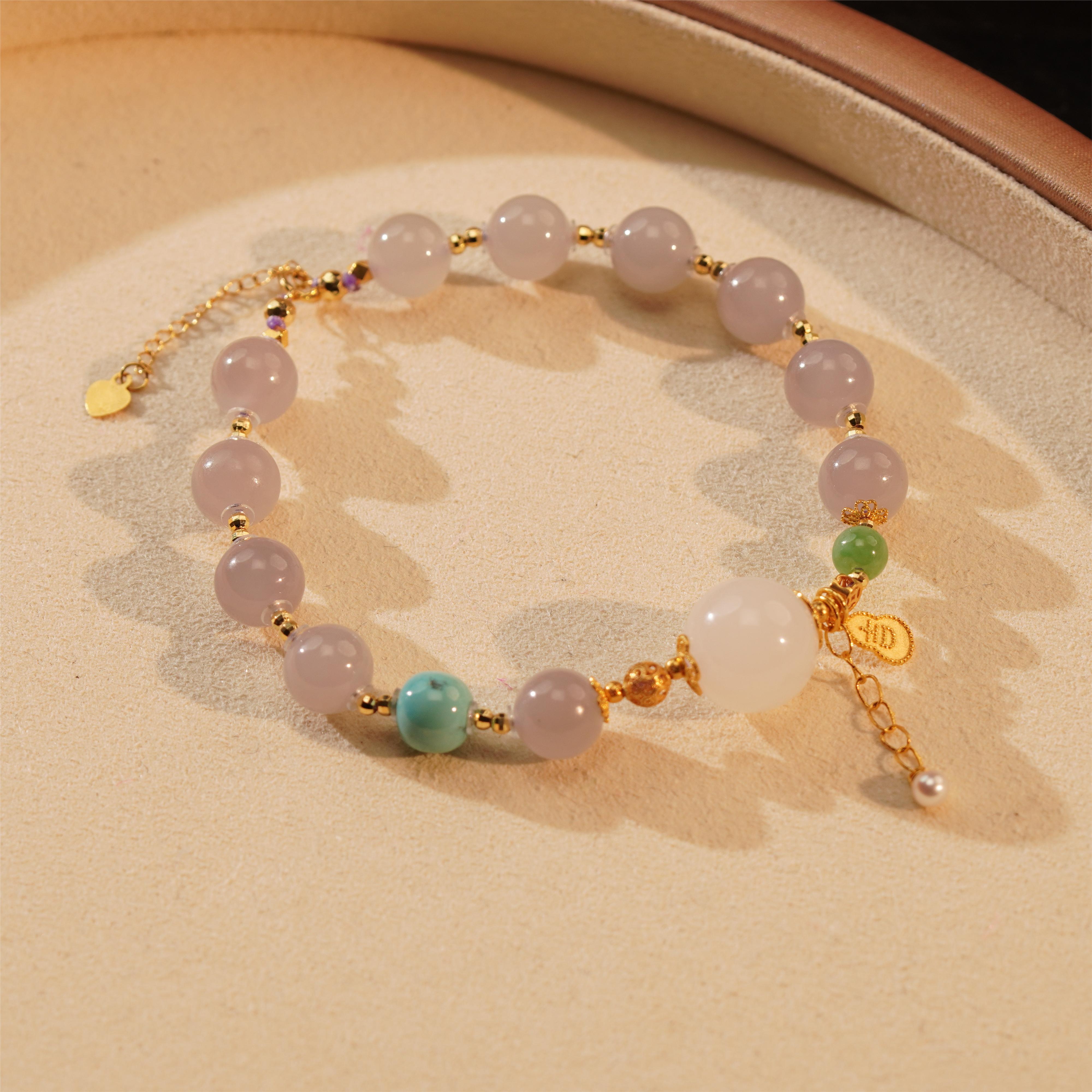 【之七珠宝】和田玉烟紫+藕粉+18k金 手链百搭气质