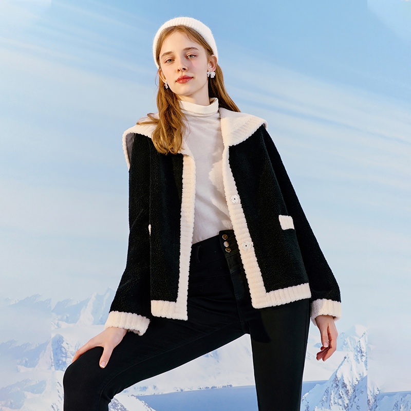 秋水伊人气质海军领皮草2023冬季新款女时髦撞色保暖外套