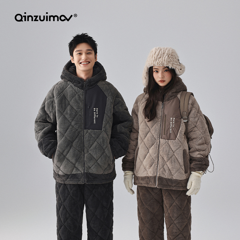 亲嘴猫冬季暖暖绒夹棉情侣睡衣女三层加厚男士套装家居服连帽外穿