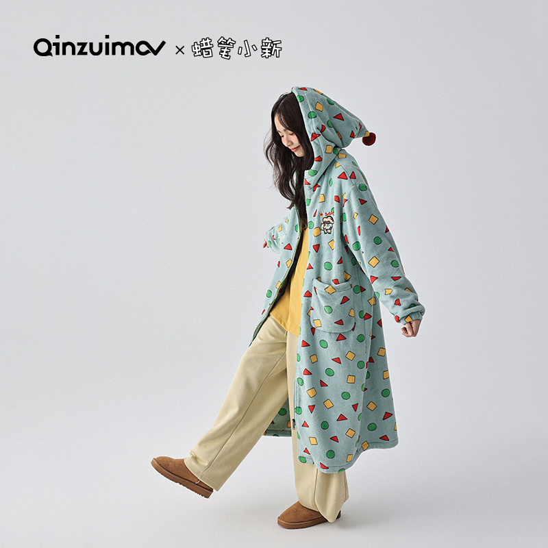 毛茸茸礼物亲嘴猫【蜡笔小新】法兰绒睡袍女秋冬季睡衣家居服可外穿