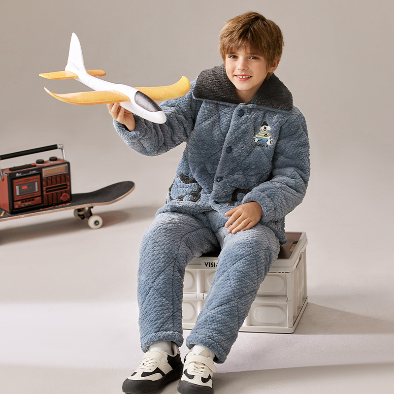 芬腾儿童睡衣男童冬季三层加厚夹棉套装男孩中大童加绒保暖家居服