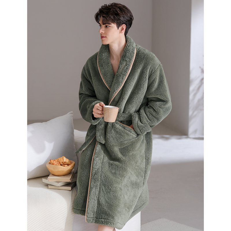 芬腾男士睡袍秋冬季珊瑚绒睡衣加厚加绒男款法兰绒保暖家居服浴袍