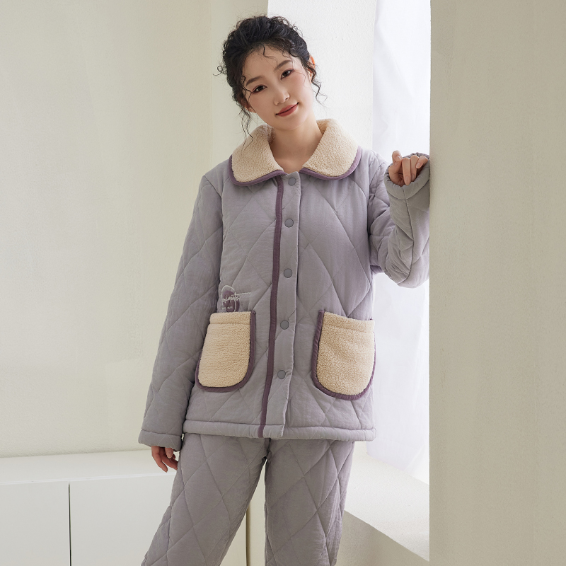芬腾睡衣女冬季三层加厚加绒夹棉秋冬款珊瑚绒厚保暖家居服