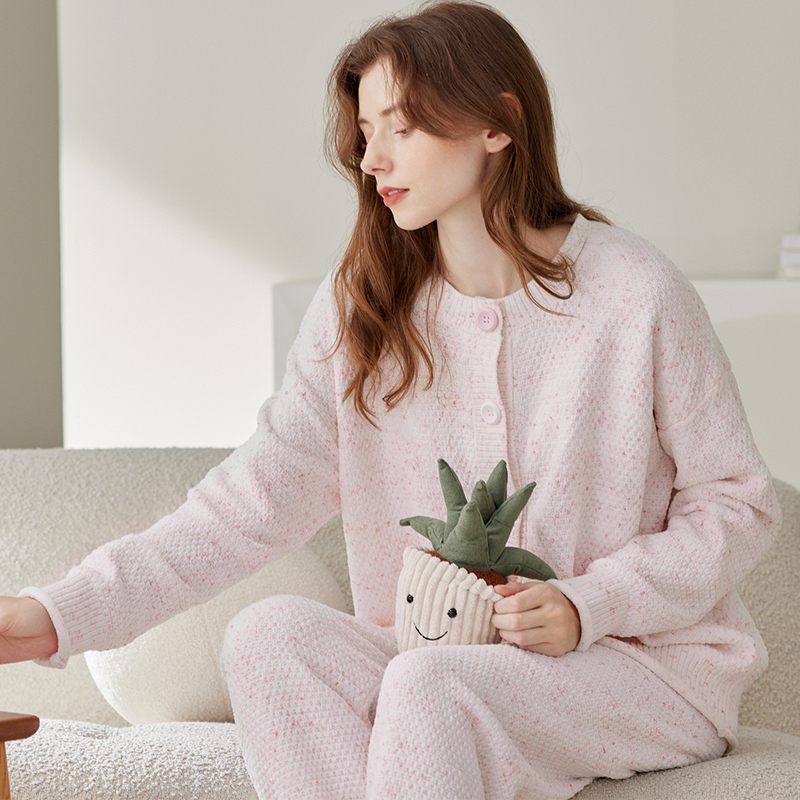 芬腾半边绒女士睡衣秋冬套装加绒加厚保暖女款宽松休闲家居服冬季