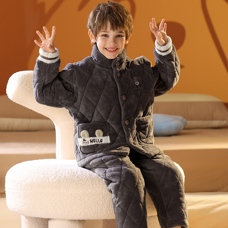 芬腾男童三层夹棉珊瑚绒睡衣秋冬季加厚儿童男孩家居服
