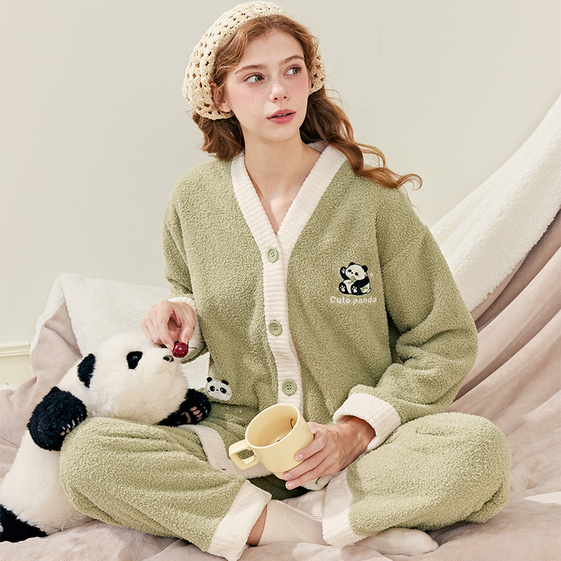 芬腾女士睡衣秋冬季半边绒套装女款加绒保暖珊瑚绒休闲大码家居服
