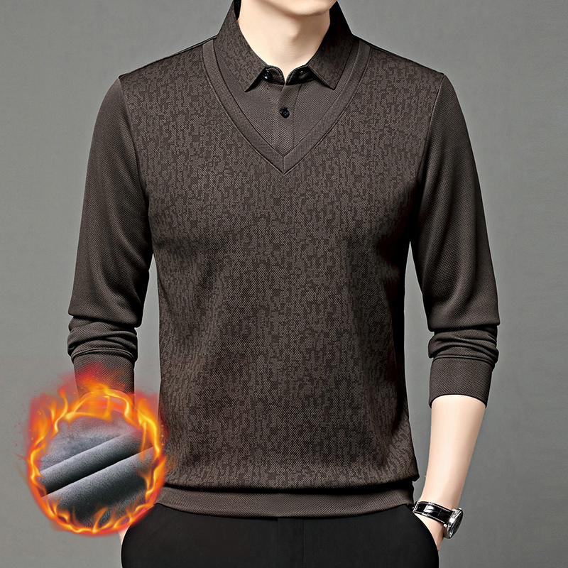 [加绒加厚]冬季男士长袖假两件时尚休闲爸爸翻领上衣