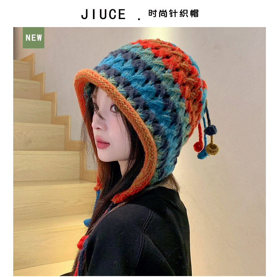 时尚小众手工针织帽韩国彩色毛球挂绳毛线帽网红护耳保暖帽子C01