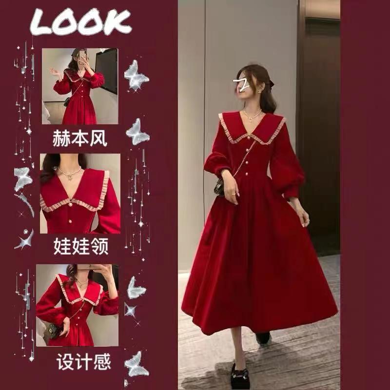 敬酒服新娘冬季平时可穿大码显瘦遮肚子小个子订婚红色礼服连衣裙