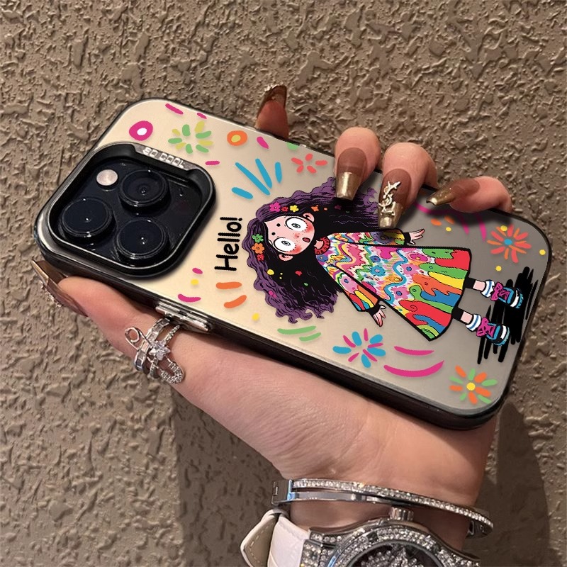苹果15promax手机壳卡通卷发女孩iPhone14pro全包防摔13p彩银12p