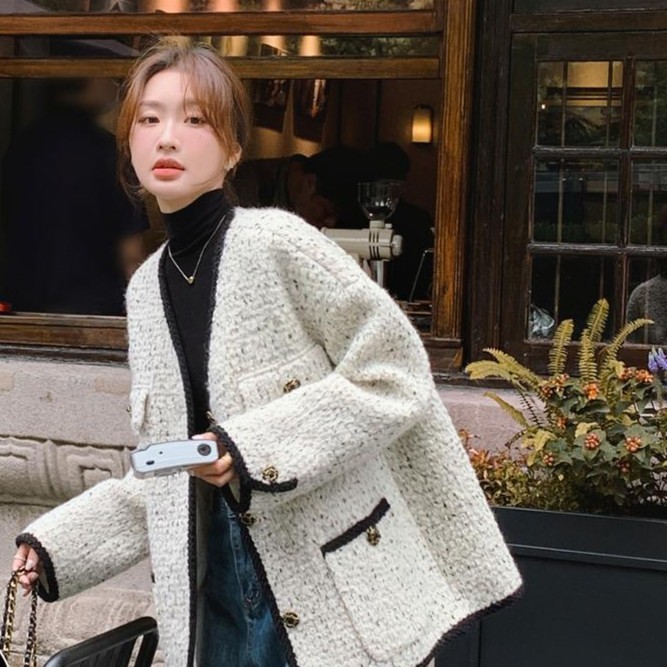 法式重工小香风外套女2023秋季新款高级感气质宽松复古粗花呢上衣