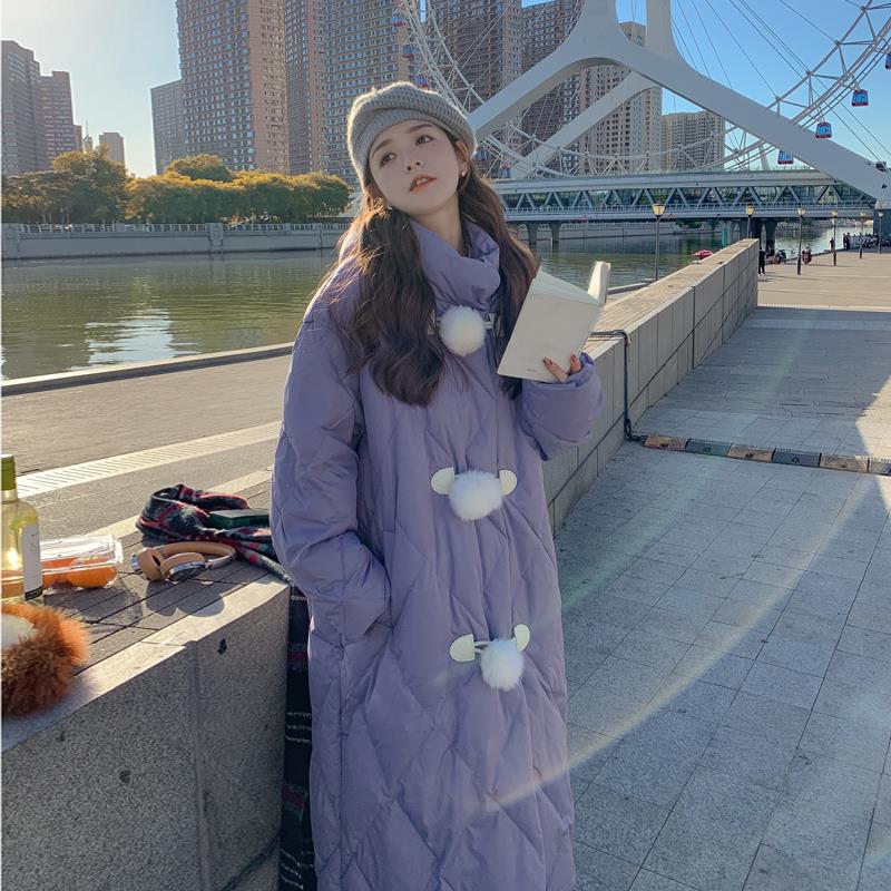 紫色菱格棉服女中长款冬季2023新款韩系小众设计甜美棉衣棉袄百搭