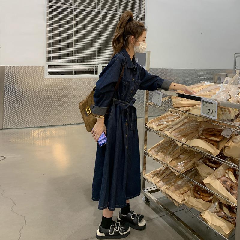 法式复古气质收腰早秋时髦女装高级感牛仔衬衫长裙别致漂亮连衣裙