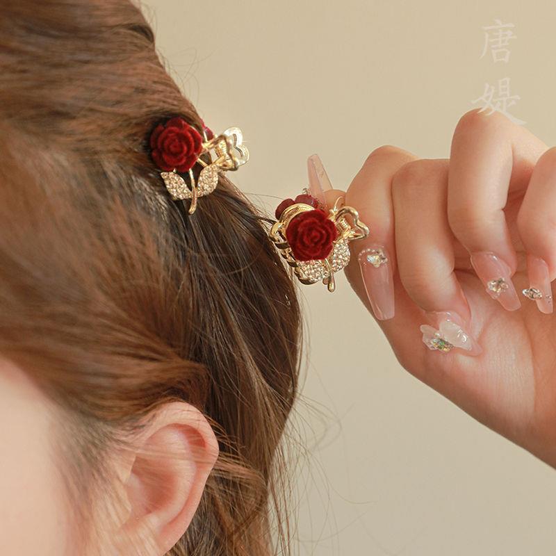 精致满钻红色玫瑰抓夹小号超仙发夹女前额碎发刘海夹新款新年头饰