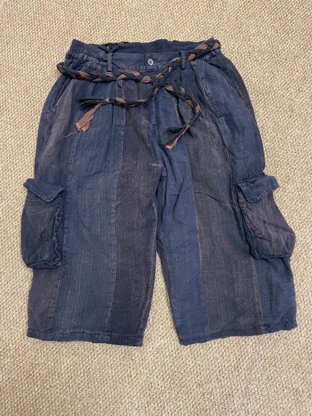 古古麦老布拼色双层七分裤