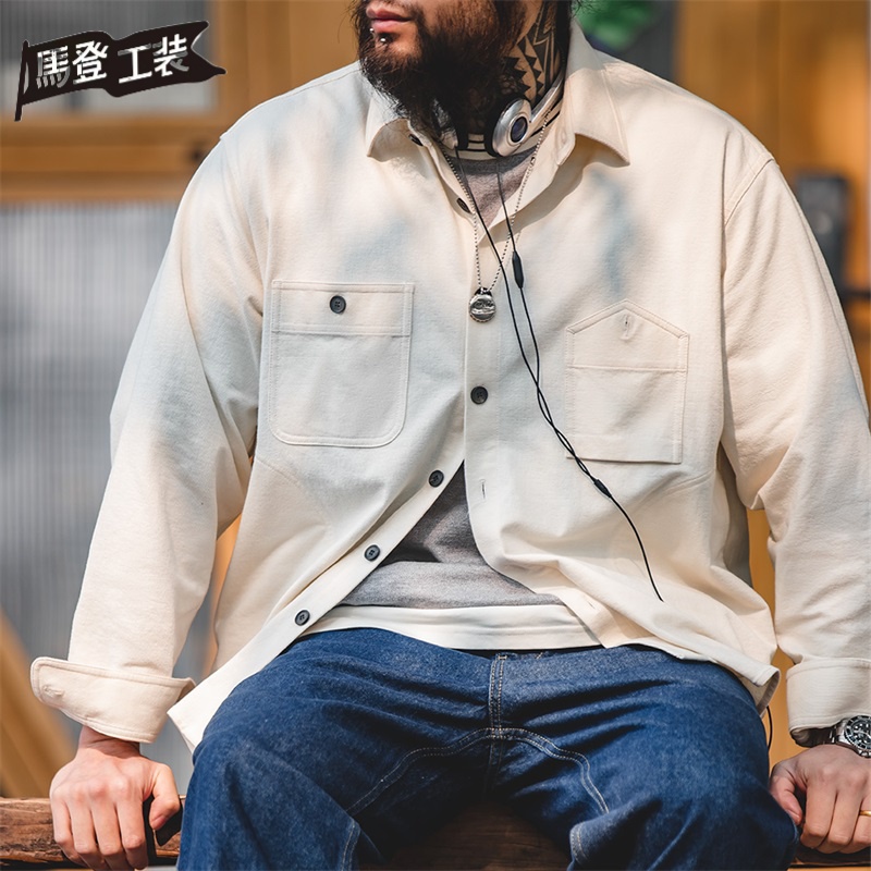 潮牌工装 法式复古vintage多口袋衬衫纯色翻领休闲长袖衬衣男春季